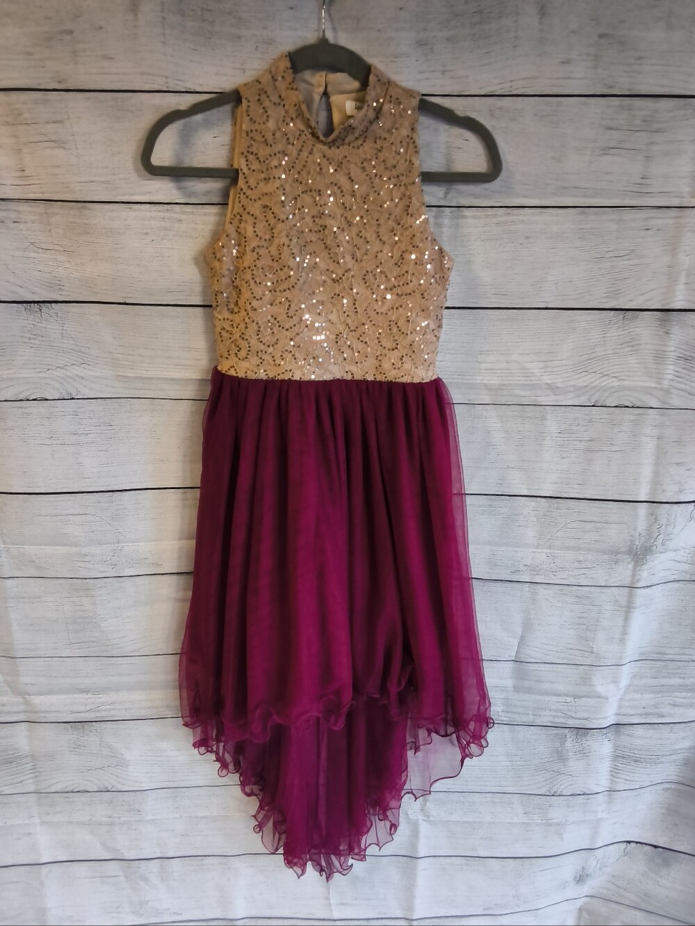 Speechless Kids Girls 12 Gold Sequin Lace Burgundy Tulle High Low Dress Formal